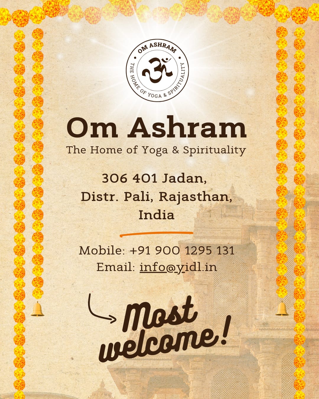 A welcoming graphic for OM Ashram Jadan, Pali, Rajasthan, India